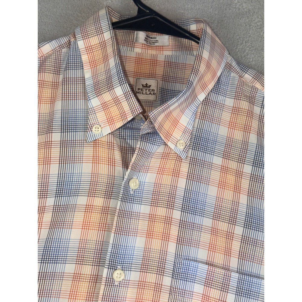 Mens Peter Millar Medium Button Down Shirt Plaid Short Sleeve Casual 100% Cotton